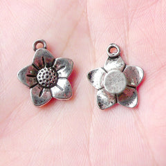 Flower Charms (6pcs) (15mm x 17mm / Tibetan Silver) Floral Metal Findings Pendant Bracelet Earrings Zipper Pulls Keychain Bookmark CHM710
