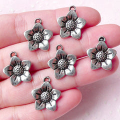 Flower Charms (6pcs) (15mm x 17mm / Tibetan Silver) Floral Metal Findings Pendant Bracelet Earrings Zipper Pulls Keychain Bookmark CHM710