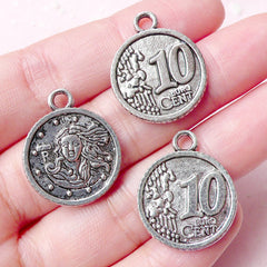 CLEARANCE 10 Cent Euro Charms (3pcs) (19mm x 23mm / Tibetan Silver / 2 Sided) Kitsch Pendant Whimsical Bracelet Earrings Zipper Pulls Bookmarks CHM711