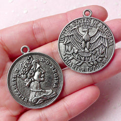 CLEARANCE American Quarter Dollar Coin Charms (2pcs) (31mm x 36mm / Tibetan Silver / 2 Sided) Kitsch Pendant Whimsical Bracelet Zipper Pulls CHM714