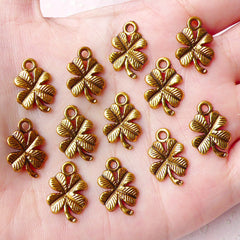 Four Leaf Clover Charms (12pcs) (11 x 17mm / Antique Gold) Floral Charms Pendant Bracelet Earrings Zipper Pulls Bookmarks Key Chains CHM716