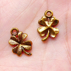Four Leaf Clover Charms (12pcs) (11 x 17mm / Antique Gold) Floral Charms Pendant Bracelet Earrings Zipper Pulls Bookmarks Key Chains CHM716