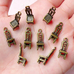 3D Chair Charms (10pcs) (6mm x 18mm / Antique Bronze) Dollhouse Miniature Pendant Bracelet Zipper Pulls Bookmark Keychain Findings CHM725