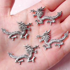 Dragon Metal Cabochon (4pcs / 35mm x 20mm / Tibetan Silver / 2 Sided) Animal Creature Mythology Scrapbook Oriental Embellishment CHM742