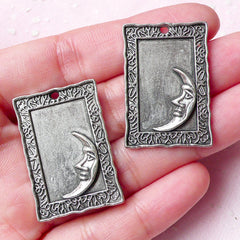 Rectangular Frame w/ Moon Charms (2pcs) (22mm x 32mm / Tibetan Silver) Metal Charms Bookmark Pendant Bracelet Earrings Zipper Pulls CHM749