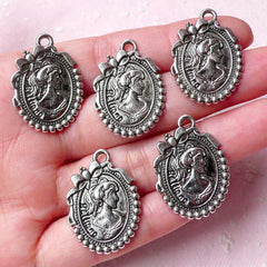 Lady Girl Cameo Charms (5pcs) (20mm x 28mm / Tibetan Silver) Metal Findings Bookmark Pendant Bracelet Earrings Zipper Pulls Keychains CHM750