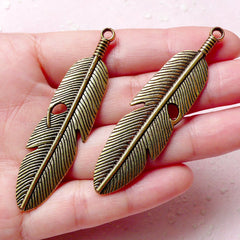 Big Feather Charms (2pcs) (15mm x 62mm / Antique Gold / 2 Sided) Metal Findings Pendant Bracelet Earrings Zipper Pulls Keychain CHM730