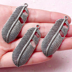 Bird Feather Charms (3pcs) (17mm x 46mm / Tibetan Silver) Metal Findings Pendant Bracelet Earrings Zipper Pulls Keychain Bookmark CHM731