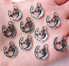 Horse and Horseshoe Charms (10pcs) (13mm x 16mm / Tibetan Silver) Animal Charms Pendant Bracelet Earrings Zipper Pulls Keychains CHM745