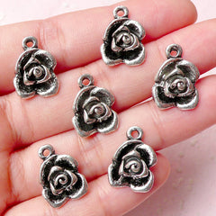 Flower Rose Charms (6pcs) (12mm x 17mm / Tibetan Silver) Floral Charms Metal Findings Pendant Bracelet Earrings Zipper Pulls Keychain CHM746
