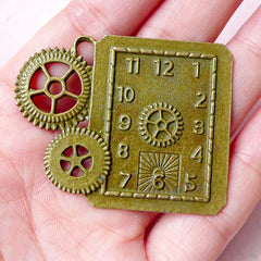 Steampunk Charms Clock Gear Charm (1pc) (48mm x 38mm / Antique Bronze) Pendant Bracelet Earrings Zipper Pulls Keychains Bookmark CHM769