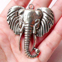 Big Elephant Head Charms (1pc) (47mm x 54mm / Tibetan Silver) Animal Charms Findings Pendant Bracelet Earrings Zipper Pulls Keychain CHM774