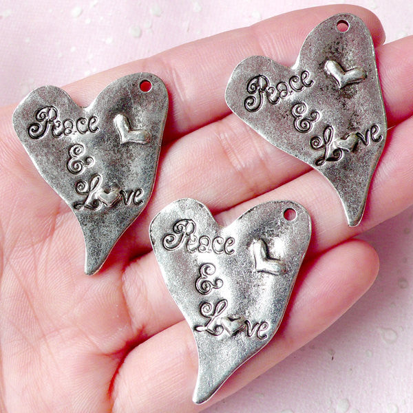 Heart w/ Peace & Love Tag Charms (3pcs) (28mm x 34mm / Tibetan Silver) Pendant Bracelet Earrings Zipper Pulls Keychains Bookmark CHM789
