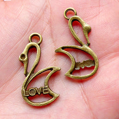 Swan w/ Love Charms (6pcs) (15mm x 28mm / Antique Bronze) Valentines Metal Findings Pendant Bracelet Earrings Zipper Pulls Bookmark CHM802