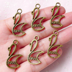 Swan w/ Love Charms (6pcs) (15mm x 28mm / Antique Bronze) Valentines Metal Findings Pendant Bracelet Earrings Zipper Pulls Bookmark CHM802