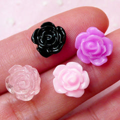 Tiny Rose Flower Cabochon (4pcs / Pink Purple Black) (10mm) Fake Miniature Cupcake Topper Earrings Making Nail Art Decoration NAC150