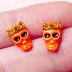 Mini Skull Head w/ Crown Cabochons (2pcs) (Orange and Gold) Fake Miniature Cupcake Topper Earring Making Nail Art Decoration NAC146