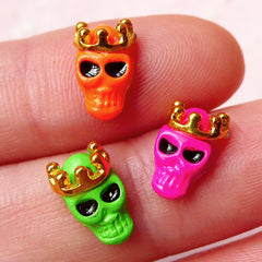 Mini Skull Head w/ Crown Cabochons (3pcs) (Orange, Hot Pink, Green) Fake Miniature Cupcake Topper Earrings Making Nail Art Decoration NAC147
