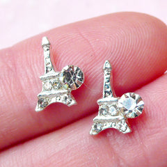 Tiny Paris Tower Cabochon (2 pcs) (Silver w/ Clear Rhinestones) Fake Miniature Cupcake Topper Earrings Making Nail Art Decoration NAC162