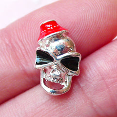 Tiny Funky Skull Head Cabochon w/ Red Hat (1pc / Silver) Skeleton Nail Art Nail Deco Earrings Making Fake Mini Cupcake Topper NAC152