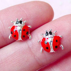 Tiny Beetle Lady Bug Cabochon (2pcs) (9mm / Silver & Red) Fake Miniature Cupcake Topper Coccinellidae Ladybird Nail Art Nail Deco NAC175