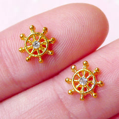 Tiny Ship Wheel Cabochon (2pcs) (8mm / Gold w/ Clear Rhinestones) Fake Miniature Cupcake Topper Jewelry Making Nail Art Decoration NAC185