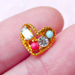 Tiny Heart Cabochon (1pc) (Gold w/ Clear Rhinestones) Fake Miniature Cupcake Topper Earrings Making Nail Art Nail Decoration NAC176
