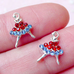 Tiny Dancing Lady Dancer Cabochon / Charms (2pcs) (Silver w/ Red & Blue Rhinestones) Jewelry Making Bling Nail Art Nail Decoration NAC178