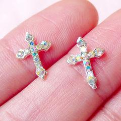 Tiny Cross Cabochon (2pcs) (Silver w/ AB Clear Rhinestones) Fake Miniature Cupcake Topper Earrings Making Nail Art Nail Decoration NAC187