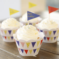 CLEARANCE Cupcake Wrappers and Toppers - Happy Birthday Party Banner - Cake Deco / Cupcake Decoration / Packaging (6 Sets) CUP28