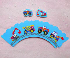 CLEARANCE Cupcake Wrappers and Toppers - Blue Dragline Excavator Toy Car - Cake Deco / Cupcake Decoration / Packaging (6 Sets) CUP27