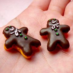 Chocolate Gingerbread Man Cabochons (2pcs / 20mm x 24mm / Flat Back) Kawaii Dollhouse Biscuit Miniature Sweets Christmas Cookie FCAB248