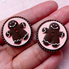 Gingerbread Man Sugar Cookie Cabochon (2pcs / 26mm / Flat Back) Kawaii Miniature Biscuit Dollhouse Sweets Faux Christmas Cookie FCAB252