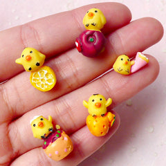 Mini Yellow Duck w/ Fruit Cabochons (5pcs / 11mm x 17mm / 3D) Cell Phone Deco Kawaii Dust Plug Making Decoden Animal Scrapbooking FCAB258