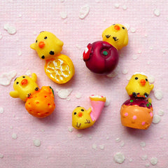 Mini Yellow Duck w/ Fruit Cabochons (5pcs / 11mm x 17mm / 3D) Cell Phone Deco Kawaii Dust Plug Making Decoden Animal Scrapbooking FCAB258