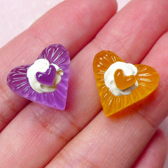 Heart Jelly Cabochons (2pcs / 15mm x 14mm / Yellow & Purple / 3D) Cellphone Deco Kawaii Dust Plug Making Dollhouse Miniature Sweets FCAB268