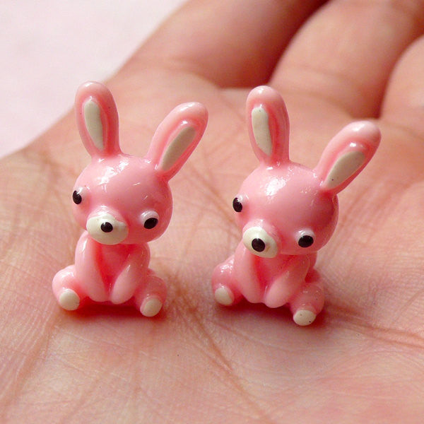 Pink Rabbit / Pink Bunny Cabochon (2pcs / 10mm x 18mm x 11mm / 3D) Kawaii Earphone Plug Making Dollhouse Amimal Miniature Garden CAB352
