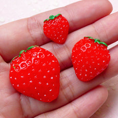 Kawaii Strawberry Cabochon (3pcs / 14mm, 21mm & 28mm / Flat Back) Decoden Cellphone Deco Scrapbooking Fruit Cabochons Faux Food FCAB266