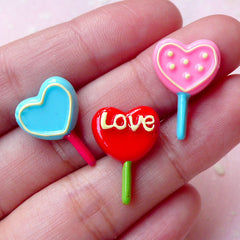 Heart Lollipop Cabochons (3pcs / 13mm x 19mm / Flat Back) Kawaii Candy Cabochon Decoden Scrapbooking Miniature Dollhouse Sweets FCAB269