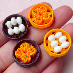 Miniature Chinese Dim Sum / Steamed Bun / Dumpling in Bamboo Steamer Basket Cabochons (4pcs / 18mm x 6mm / Flat Back) Dollhouse Food FCAB275