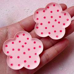 Miniature Plate Cabochons in Flower Shape (2pcs / 46mm / Pink Polka Dot / Flat Back) Cute Dollhouse Food DIY Kawaii Whimsical Jewellery MC38