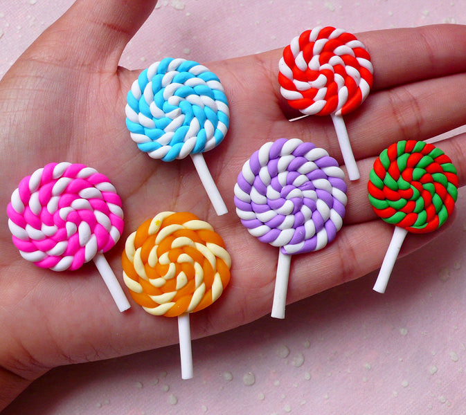 Lollipop Cabochons Set (6pcs / Colorful Mix) Kawaii Polymer Clay Miniature Candy Fimo Dollhouse Sweets Whimsical Jewelry Decoden FCAB276