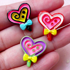 Cute Heart Lollipop Cabochons (3pcs / 18mm x 20mm / Flat Back) Decora Kei Sweets Decoden Miniature Candy Kawaii Cell Phone Deco FCAB278