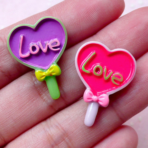 Decora Kei Cabochon / Heart Lolly Lollipop Candy Cabochons (2pcs / 17mm x 23mm) Miniature Sweets Cellphone Deco Kawaii Decoden Piece FCAB279