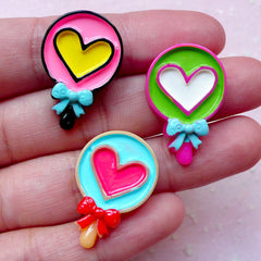 Lollipop Cabochons w/ Heart & Ribbon (3pcs / 17mm x 26mm / Flat Back) Miniature Candy Dollhouse Sweets Kawaii Decora Kei Decoden FCAB280