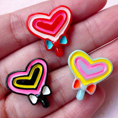 Kawaii Heart Lollipop Cabochons (3pcs / 19mm x 20mm / Flat Back) Miniature Sweets Dollhouse Candy Decora Kei Phone Case Deco Decoden FCAB277