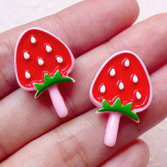 Kawaii Strawberry Lollipop Cabochons (2pcs / 16mm x 25mm / Flat Back) Miniature Sweets Dollhouse Fruit Candy Scrapbooking Decoden FCAB281