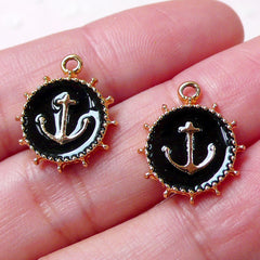 Anchor Charm / Ship Wheel Enamel Charms (14mm x 17mm / 2pcs / Black & Gold) Nautical Jewelry Earring Making DIY Handbag Zipper Pull CHM804