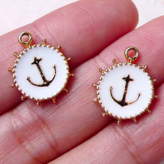 Anchor Enamel Charm / Ship Wheel Charms (14mm x 17mm / 2pcs / White & Gold) Nautical Earring Jewelry Making DIY Purse Zipper Pull CHM805