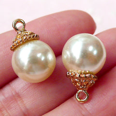 CLEARANCE Pearl Drops / Add On Charms (12mm x 18mm / 2pcs / Gold & Cream) Necklace Charm Drop Earrings Wedding Jewellery Handbag Zipper Pull CHM809